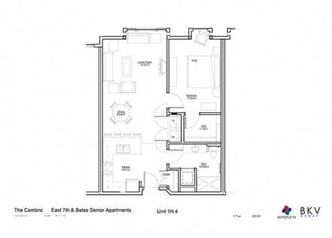 Floor plan for 1 bed, 1 bath, 825 sqft